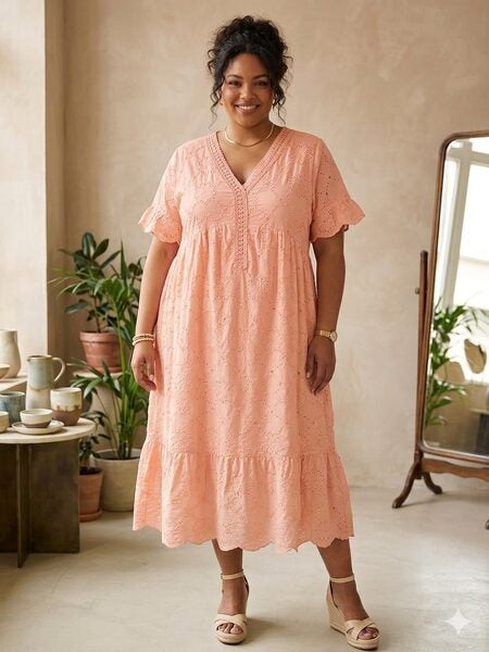 Plus size brodeerattu puuvillamekko - puuteriroosa