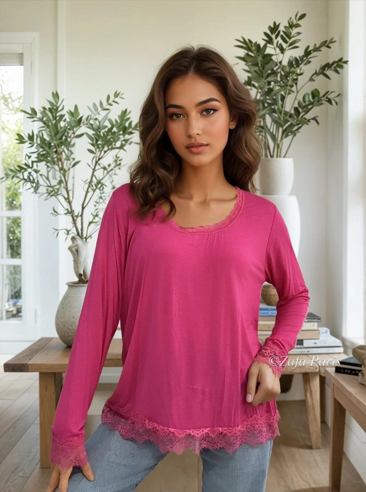 Pitsireunainen viskoosipaita – Fuksia